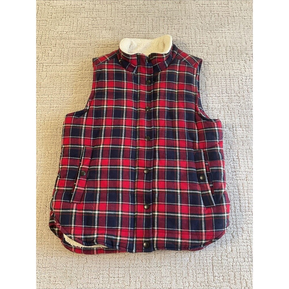 Skies Are Blue Red Plaid Flannel Sherpa Vest, Medium , Zipper And Snaps.EUC